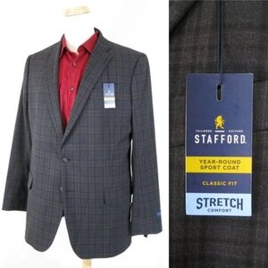 Stafford Mens Dark Gray Plaid Sport Coat Jacket Classic Fit 42L NWT